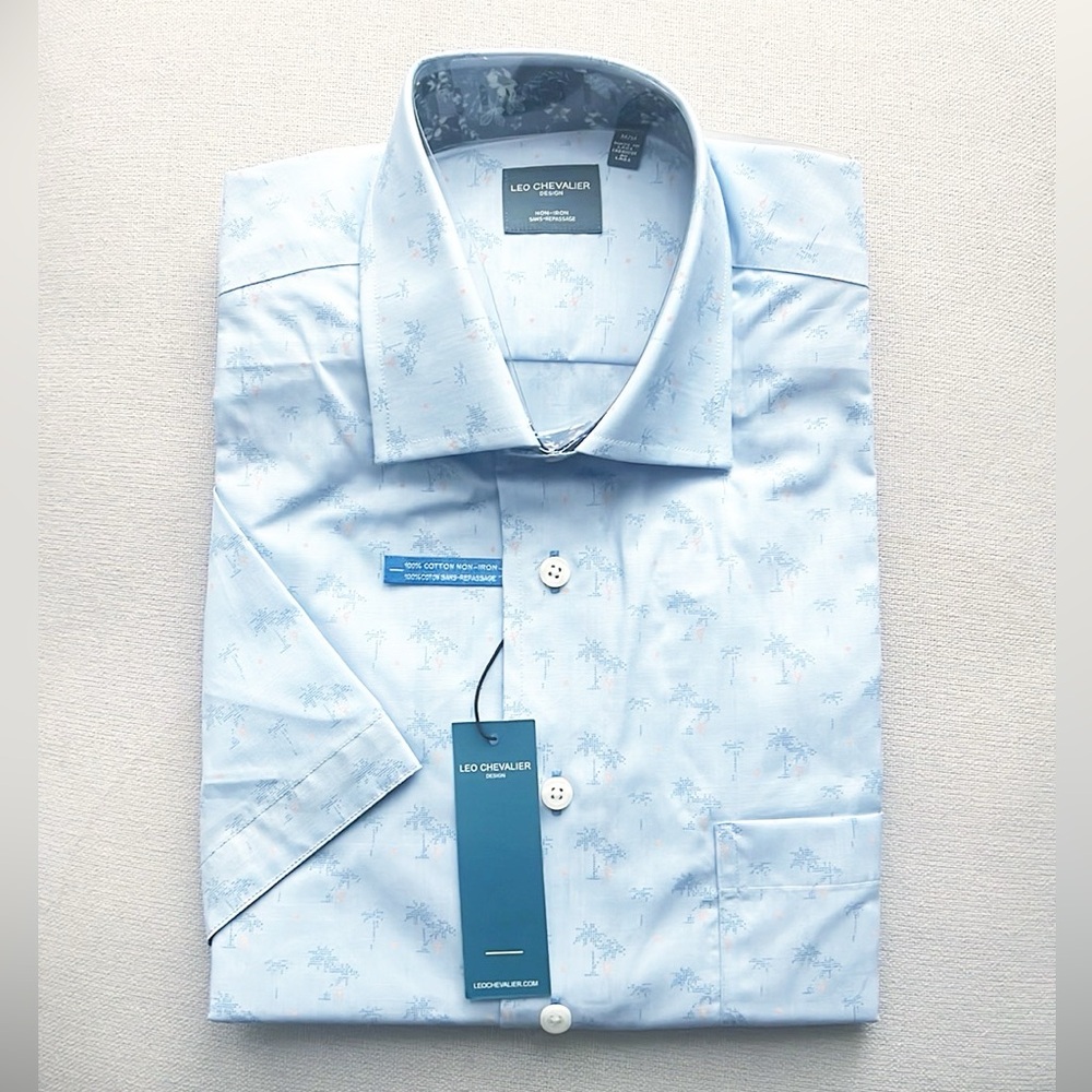 Leo Chevalier Short Sleeve No-Iron Cotton Shirt w/Palm Print Size M NEW w/Tag